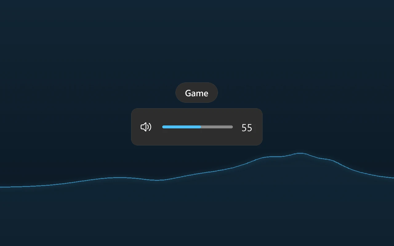 Das Lautstärke-Overlay von FluneIt für eine Beispiel-App namens Game: Der Wert sinkt in vier Schritten von 55 auf 35, die Anzeige bleibt kurz stehen und blendet dann aus. Dahinter ein dunkelblauer Hintergrund mit einer dünnen hellblauen Frequenzkurve.