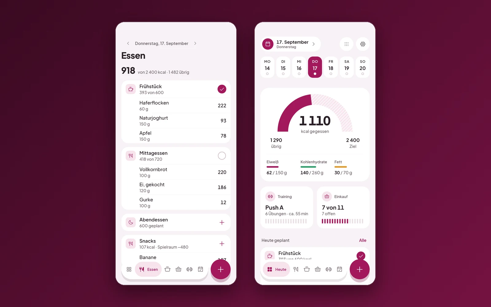 Zwei helle Handy-Bildschirme auf beerenfarbenem Grund. Links das Ernährungstagebuch für Donnerstag, 17. September: 918 von 2 400 kcal, Frühstück mit Haferflocken, Naturjoghurt und Apfel, Mittagessen mit Vollkornbrot, gekochtem Ei und Gurke. Rechts die Heute-Seite mit einem Kalorienbogen bei 1 110 kcal gegessen, darunter Eiweiß, Kohlenhydrate und Fett sowie die Kacheln Training und Einkauf.