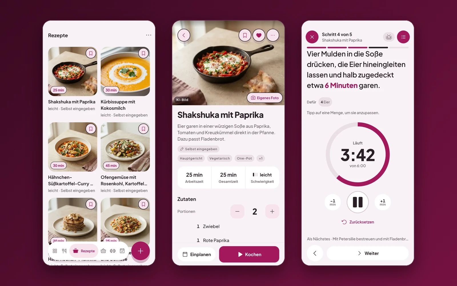 Drei helle Handy-Bildschirme. Links die Rezeptübersicht mit Bildkarten, darunter Shakshuka mit Paprika, Kürbissuppe mit Kokosmilch, Hähnchen-Süßkartoffel-Curry und Ofengemüse. In der Mitte das Rezept Shakshuka mit Paprika: oben ein Bild der Pfanne mit dem Hinweis „KI-Bild“, darunter 25 Minuten Arbeitszeit, Schwierigkeit leicht und die Zutaten für zwei Portionen. Rechts der Kochmodus bei Schritt 4 von 5 mit einem Timer, der 3:42 von 6:00 Minuten zeigt.