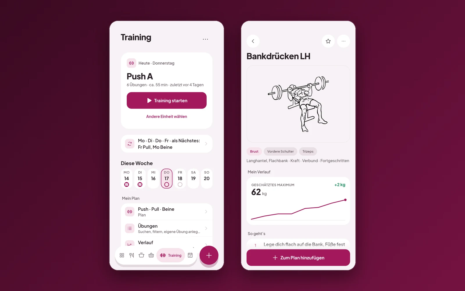 Zwei helle Handy-Bildschirme. Links die Trainingsseite mit dem heutigen Plan Push A, 6 Übungen und etwa 55 Minuten, einem Knopf „Training starten“ und der Wochenleiste von Montag bis Sonntag. Rechts die Übung Bankdrücken LH mit einer Strichzeichnung eines Mannes beim Bankdrücken, den Muskelgruppen Brust, vordere Schulter und Trizeps und einer steigenden Kurve des geschätzten Maximums bei 62 kg.