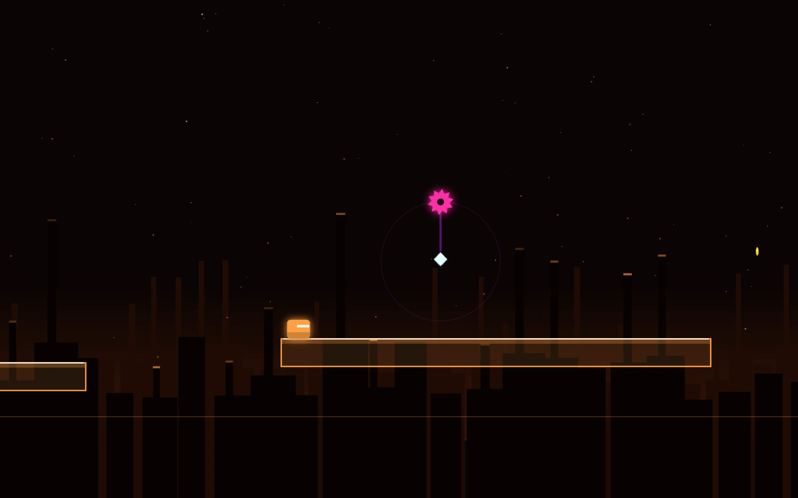 Der orange Würfel läuft auf einer orange umrandeten Plattform auf eine pinke Säge zu, die oben auf ihrer Kreisbahn steht. Unter ihr liegt ein Diamant. Im Hintergrund Schlote vor einem dunkelroten Himmel.