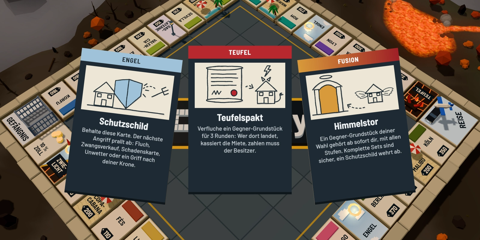 Drei Spielkarten über der Brettmitte: die Engelskarte Schutzschild mit einem Schild vor einem Haus, die Teufelskarte Teufelspakt mit einem Vertrag und einem Haus mit Hörnern und die Fusionskarte Himmelstor mit einem goldenen Tor und einem Haus mit Flügeln. Unter jedem Bild steht der Regeltext der Karte.